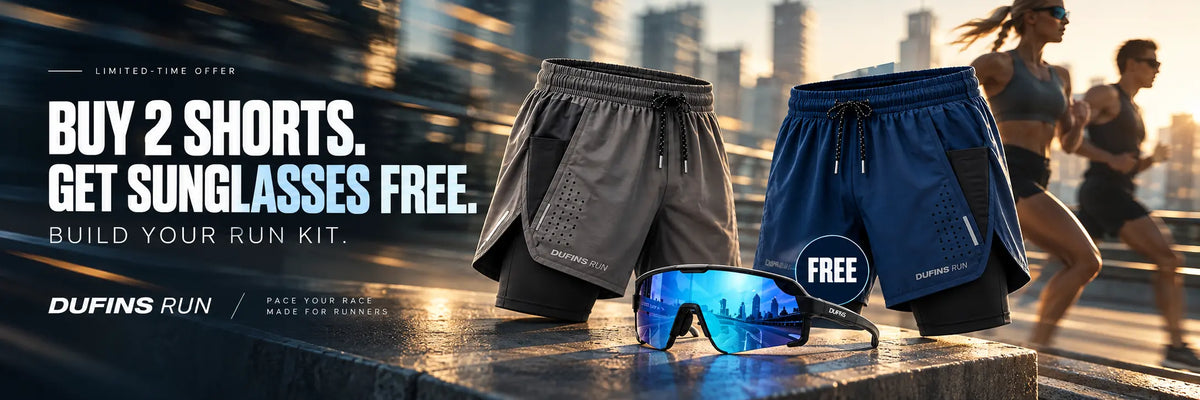 Dufins Run promotion featuring two 2-in-1 running shorts in grey and navy blue with free blue mirrored sports sunglasses.