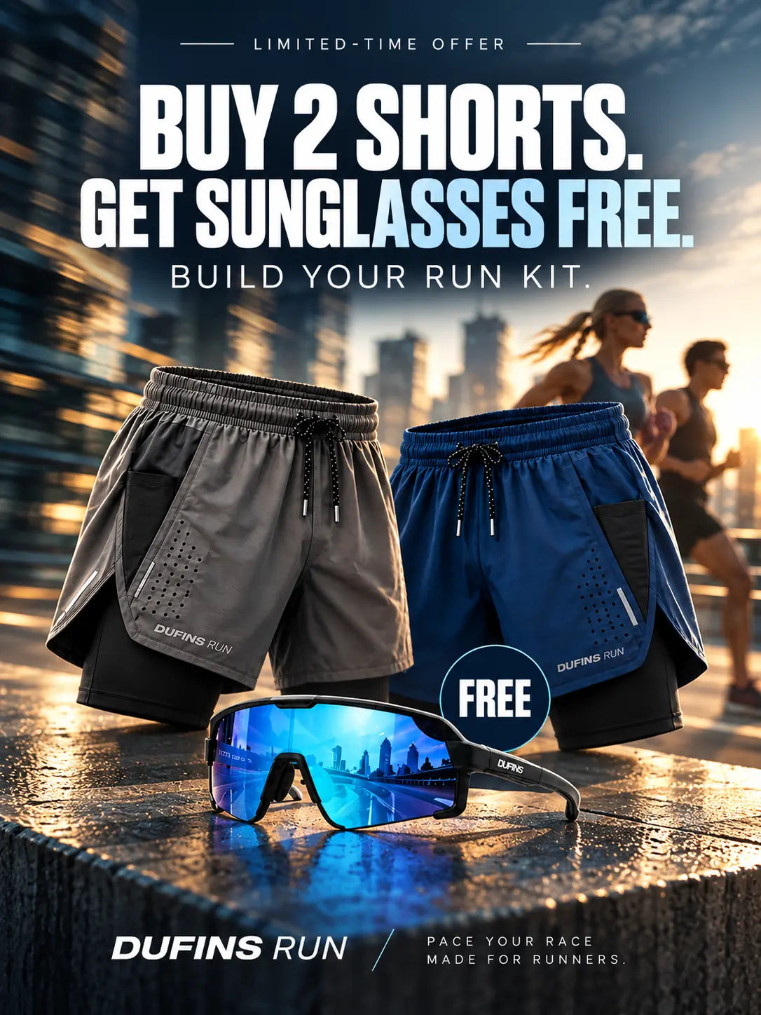 Dufins Run promotion featuring two 2-in-1 running shorts in grey and navy blue with free blue mirrored sports sunglasses perfect